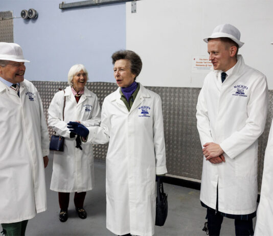 Princess Royal tours Mackie’s of Scotland facilities HRH Princess Anne stands in the Mackie's of Scotland factory with members of the Mackie's team.
