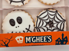 McGhee’s brings a spooky touch to its Empire Biscuits with a new Halloween design Pack shot of McGhee's Halloween Empire Biscuits with skull and spiderweb designs on them.