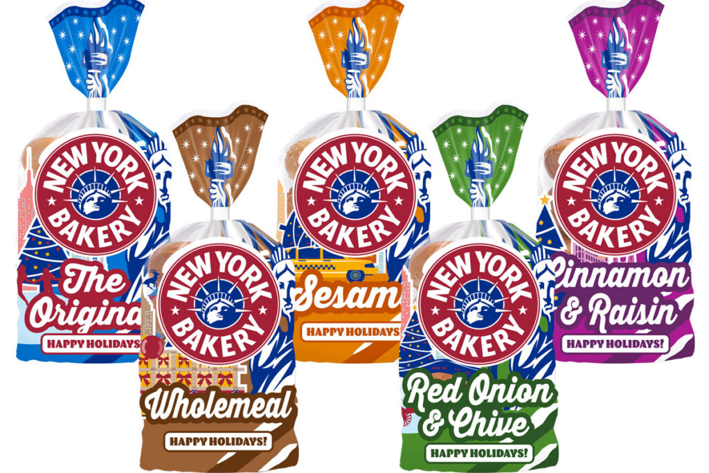 Pack shots of the Christmas 2025 designs for the New York Bakery bagel range.