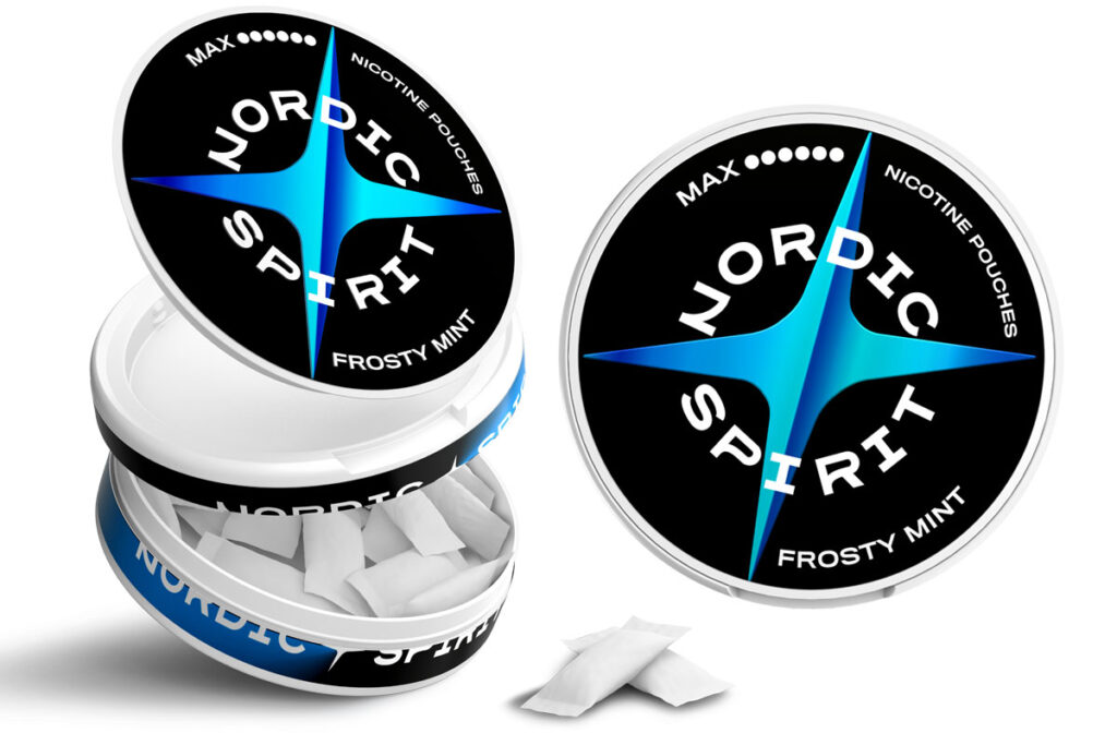 Pack shots of Nordic Spirit Frosty Mint Max including a top down view as well as look of each part of the nicotine pouch pack.