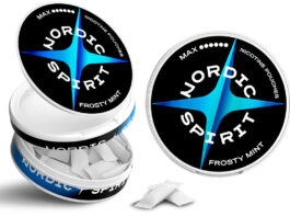 Max tastes for nicotine pouches from Nordic Spirit range Pack shots of Nordic Spirit Frosty Mint Max including a top down view as well as look of each part of the nicotine pouch pack.