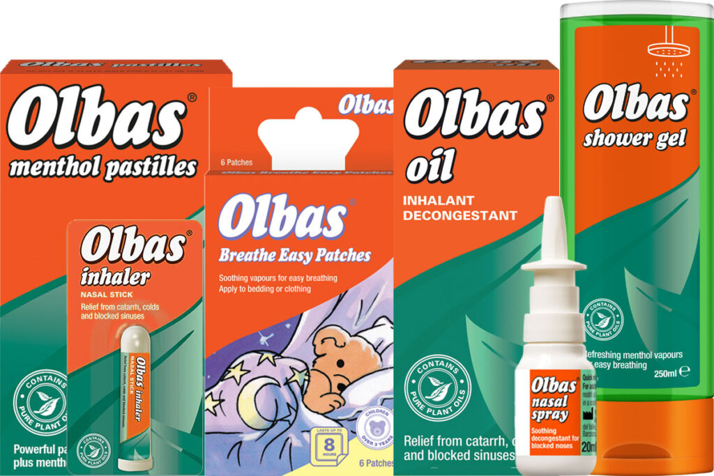 Pack shots of Olbas OTC range including Olbas Menthol Pastilles, Olbas Inhaler, Olbas Breathe Easy Patches, Olbas Oil, Olbas Nasal Spray and Olbas Shower Gel.