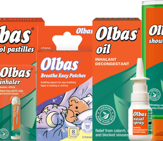Olbas pushes for self-care during cold and flu season Pack shots of Olbas OTC range including Olbas Menthol Pastilles, Olbas Inhaler, Olbas Breathe Easy Patches, Olbas Oil, Olbas Nasal Spray and Olbas Shower Gel.