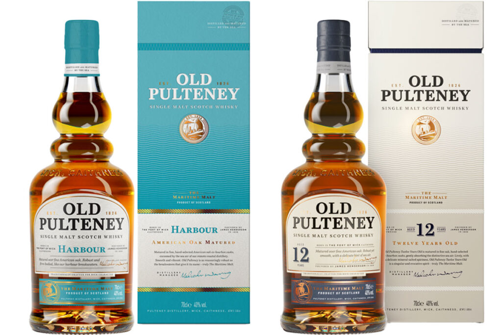 Pack shots of Old Pulteney 12 Years Old and Old Pulteney Harbour.