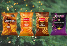 Pack shots of Doritos Gingerbread, Walkers Emmental Cheese, Walkers Beef Wellington and Walkers Sensations Honey Glazed Ham are all against a Christmas tree background design.