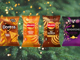 Walkers’ Christmas flavours roll out with Doritos Gingerbread Pack shots of Doritos Gingerbread, Walkers Emmental Cheese, Walkers Beef Wellington and Walkers Sensations Honey Glazed Ham are all against a Christmas tree background design.