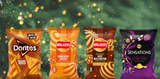 Pack shots of Doritos Gingerbread, Walkers Emmental Cheese, Walkers Beef Wellington and Walkers Sensations Honey Glazed Ham are all against a Christmas tree background design.