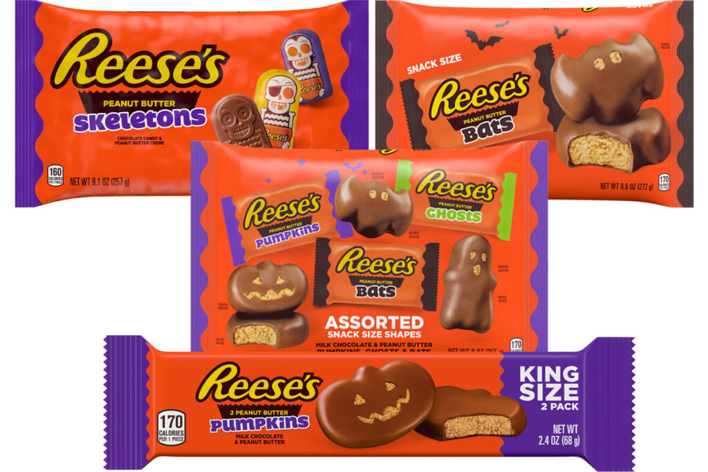 Reese's Halloween range for 2025 with pack shots of Reese's Peanut Butter Skeletons, Reese's Snack Size Peanut Butter Bats, Reese's Assorted Snack Size Shapes and Reese's King Size Peanut Butter Pumpkins.
