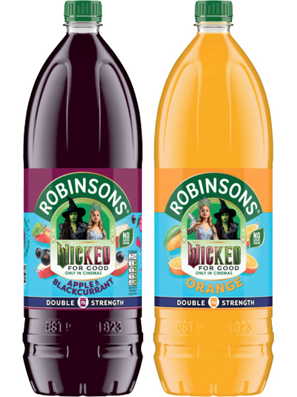 Pack shots of Robinsons Double Concentrate core range with the Wicked For Good 2025 promotion on the bottle.