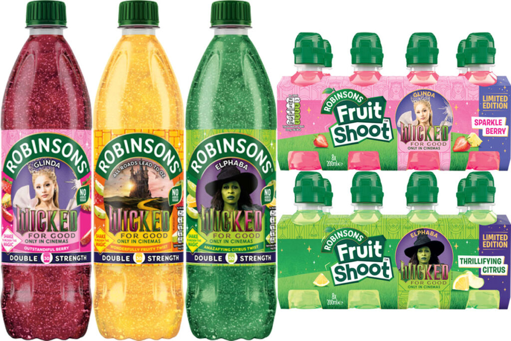 Pack shots of Robinsons Wicked For Good promotion across its bottles including variants of Robinsons Amazifying Citrus Twist, Outstandiful Berry and Wonderfully Fruity Twist. There are also pack shots of Fruit Shoot variants Thrillifying Citrus and Sparkle Berry.