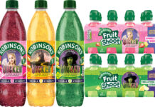 Pack shots of Robinsons Wicked For Good promotion across its bottles including variants of Robinsons Amazifying Citrus Twist, Outstandiful Berry and Wonderfully Fruity Twist. There are also pack shots of Fruit Shoot variants Thrillifying Citrus and Sparkle Berry.