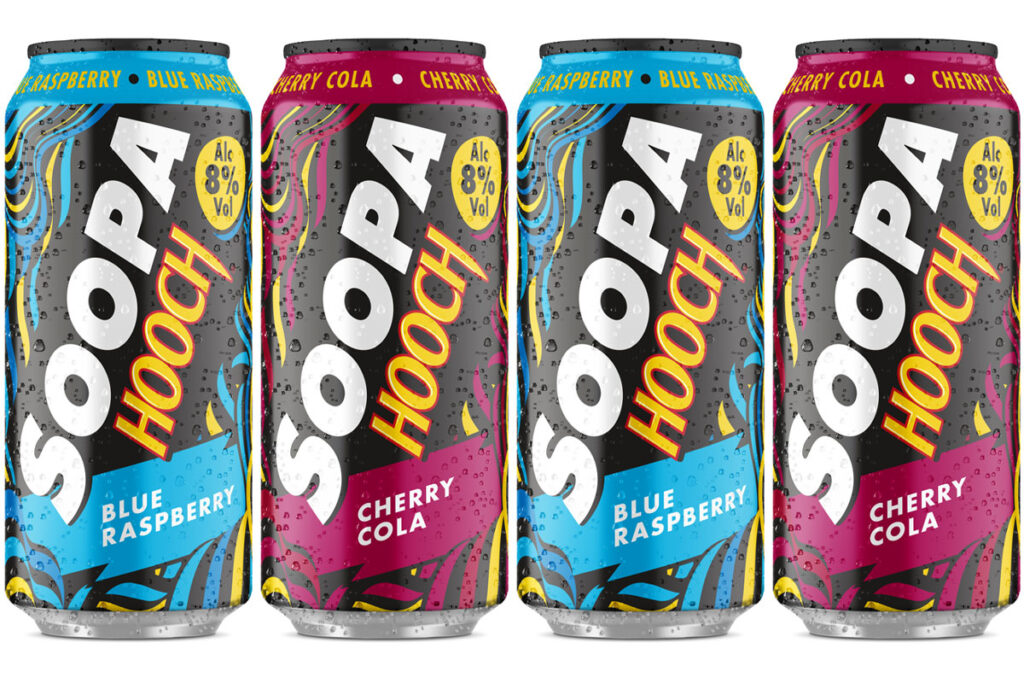 Pack shots of Soopa Hooch Blue Raspberry and Soopa Hooch Cherry Cola.