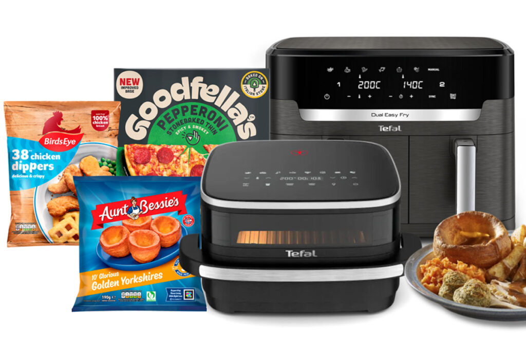 Pack shots of Birds Eye Chicken Dippers, Aunt Bessies Yorkshire Puddings and Goodfellas Pepperoni Pizza are next to Tefal branded cooking appliances.