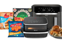 Pack shots of Birds Eye Chicken Dippers, Aunt Bessies Yorkshire Puddings and Goodfellas Pepperoni Pizza are next to Tefal branded cooking appliances.