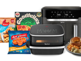 Birds Eye teams up with Tefal to deliver ‘smart cooking’ solutions Pack shots of Birds Eye Chicken Dippers, Aunt Bessies Yorkshire Puddings and Goodfellas Pepperoni Pizza are next to Tefal branded cooking appliances.