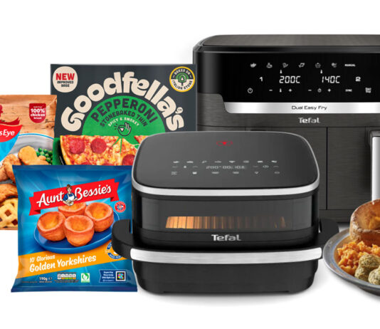 Birds Eye teams up with Tefal to deliver ‘smart cooking’ solutions Pack shots of Birds Eye Chicken Dippers, Aunt Bessies Yorkshire Puddings and Goodfellas Pepperoni Pizza are next to Tefal branded cooking appliances.