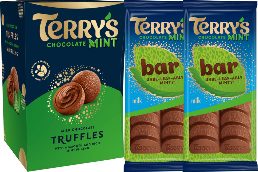 Pack shots of Terry's Mint Truffles and Terry's Chocolate Mint tablet bars.