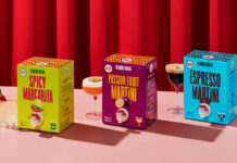 The Drinks Bureau expands into Morrisons stores The Drinks Bureau Boxed Cocktails including Spicy Margarita, Passion Fruit Martini and Espresso Martini with the cocktails served in glasses next to each of the boxes with a red curtain in the background.