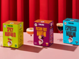 The Drinks Bureau expands into Morrisons stores The Drinks Bureau Boxed Cocktails including Spicy Margarita, Passion Fruit Martini and Espresso Martini with the cocktails served in glasses next to each of the boxes with a red curtain in the background.