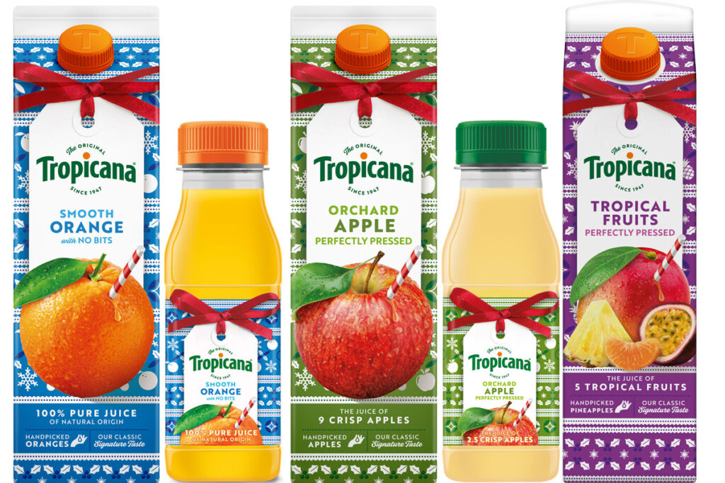 Pack shots of Tropicana juices in the 2025 festive designs with Tropicana Smooth Orange 900ml carton, Tropicana Smooth Orange 250ml bottle, Tropicana Orchard Apple 900ml carton, Tropicana Orchard Apple 250ml bottle and Tropicana Tropical Fruits 900ml carton.