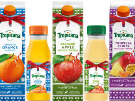 Tropicana rolls out range of festive pack designs for Christmas Pack shots of Tropicana juices in the 2025 festive designs with Tropicana Smooth Orange 900ml carton, Tropicana Smooth Orange 250ml bottle, Tropicana Orchard Apple 900ml carton, Tropicana Orchard Apple 250ml bottle and Tropicana Tropical Fruits 900ml carton.