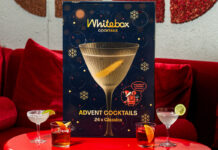 Countdown with Whitebox Cocktails Advent Calendar The Whitebox Cocktails advent calendar stands on a table with cocktail serves around the calendar.