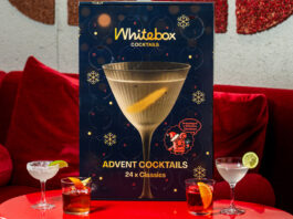 Countdown with Whitebox Cocktails Advent Calendar The Whitebox Cocktails advent calendar stands on a table with cocktail serves around the calendar.