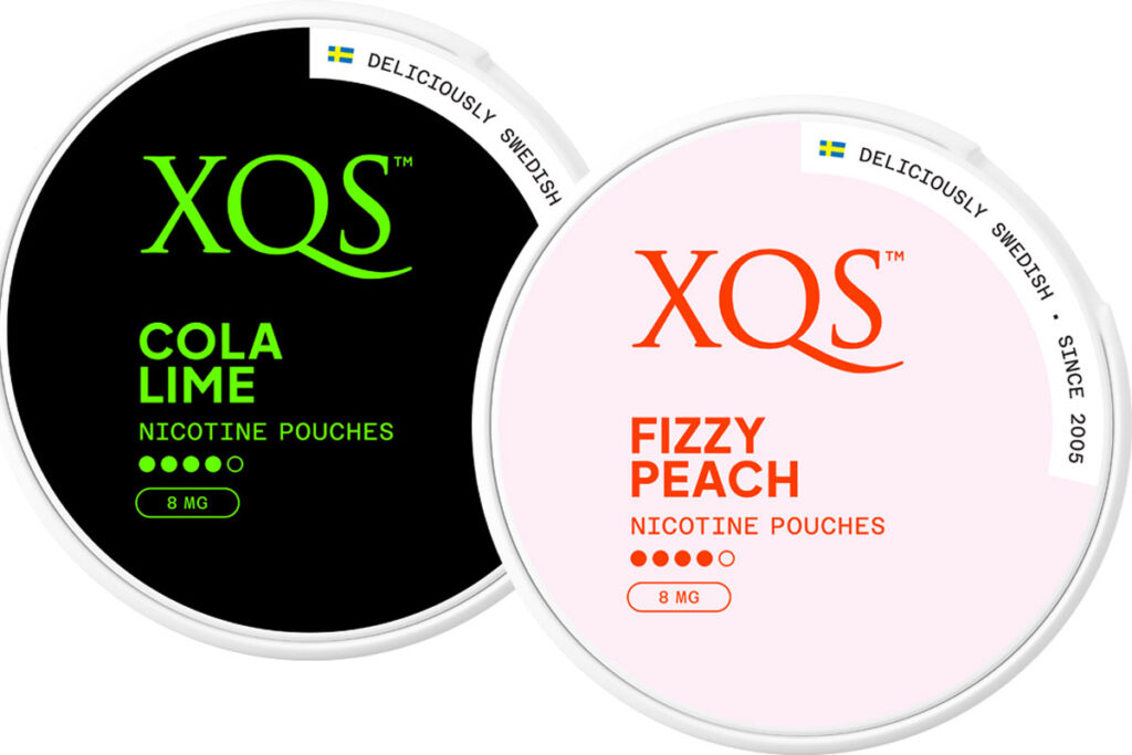 Pack shots of XQS Cola Lime and XQS Fizzy Peach variants.