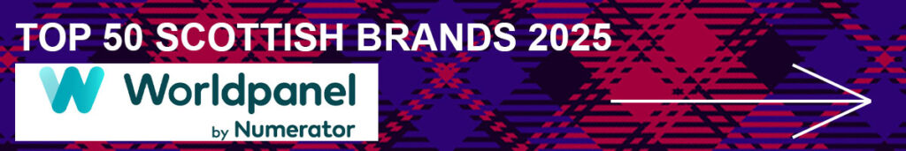 A tartan panel with the text "TOP 50 SCOTTISH BRANDS 2025" with the Worldpanel by Numerator logo underneath and an arrow pointing to the right.