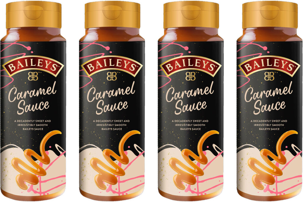 Pack shots of Baileys Caramel Sauce bottles.