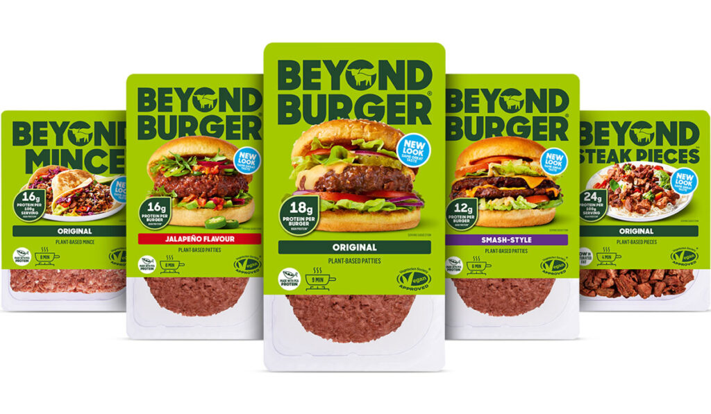 Pack shots of 2025 redesign for Beyond Meat's range of plant-based foods.