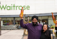Desi Daru vodka makes its Waitrose debut with Mango Vodka variant Desi Daru founders Mohit Singh and Aneet Kaur stand outside a Waitrose store holding bottles of Desi Daru Mango Vodka.