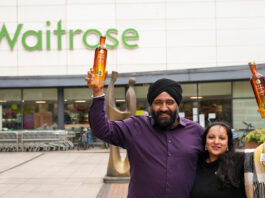 Desi Daru vodka makes its Waitrose debut with Mango Vodka variant Desi Daru founders Mohit Singh and Aneet Kaur stand outside a Waitrose store holding bottles of Desi Daru Mango Vodka.