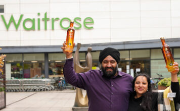Desi Daru vodka makes its Waitrose debut with Mango Vodka variant Desi Daru founders Mohit Singh and Aneet Kaur stand outside a Waitrose store holding bottles of Desi Daru Mango Vodka.