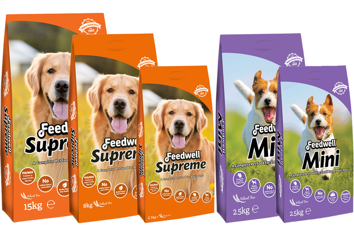 Pack shots of Feedwell Dog food range including the Supreme and Mini packs.