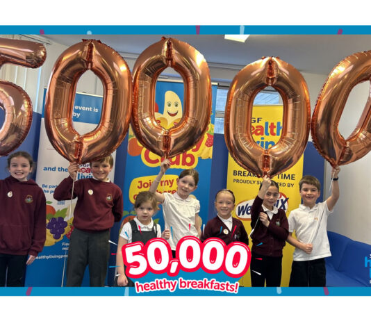 Healthy Living Programme serves breakfast to 50,000 pupils A group of school children hold up balloons that spell out 50,000 to mark 50,000 breakfasts served to kids by the Healthy Living Programme.