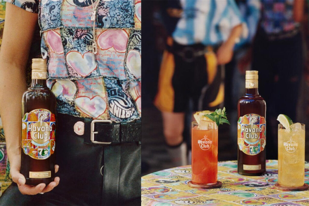 A person holds a bottle of Havana Club Añejo 7 Años against their side in the image on the left whilst another bottle of the rum stands on a table in the image on the right, the bottle has two cocktail serves standing alongside it.