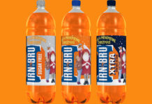 Irn-Bru Snowman ad is back on TV Pack shots of Irn-Bru, Irn-Bru Sugar Free and Irn-Bru XTRA with the 2025 Christmas design against an orange background.