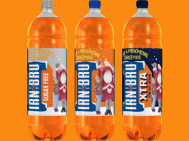 Irn-Bru Snowman ad is back on TV Pack shots of Irn-Bru, Irn-Bru Sugar Free and Irn-Bru XTRA with the 2025 Christmas design against an orange background.