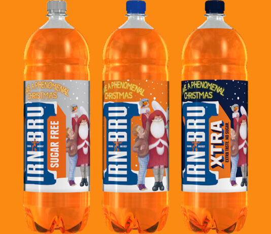 Irn-Bru Snowman ad is back on TV Pack shots of Irn-Bru, Irn-Bru Sugar Free and Irn-Bru XTRA with the 2025 Christmas design against an orange background.