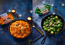 Trust in Mash Direct for convenience at Christmas Lifestyle images of the Mash Direct Carrot & Parsnip pack with the veg in a bowl on the left and the Mash Direct Brussels Sprouts with a Butter Glaze pack with the veg in a bowl. This is against a blue background with fairy lights around it all.