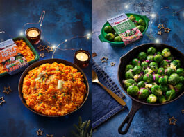 Trust in Mash Direct for convenience at Christmas Lifestyle images of the Mash Direct Carrot & Parsnip pack with the veg in a bowl on the left and the Mash Direct Brussels Sprouts with a Butter Glaze pack with the veg in a bowl. This is against a blue background with fairy lights around it all.