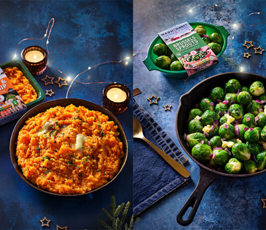 Trust in Mash Direct for convenience at Christmas Lifestyle images of the Mash Direct Carrot & Parsnip pack with the veg in a bowl on the left and the Mash Direct Brussels Sprouts with a Butter Glaze pack with the veg in a bowl. This is against a blue background with fairy lights around it all.