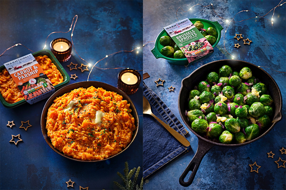 Lifestyle images of the Mash Direct Carrot & Parsnip pack with the veg in a bowl on the left and the Mash Direct Brussels Sprouts with a Butter Glaze pack with the veg in a bowl. This is against a blue background with fairy lights around it all.