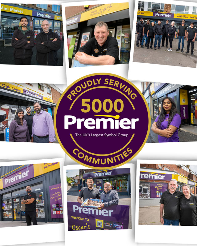 Retailers stand in polaroid-style photos with the Premier 5000 stores logo in the middle.