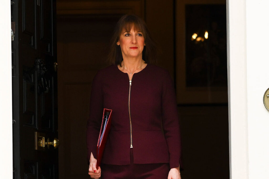 Chancellor of the Exchequer Rachel Reeves leaves 11 Downing Street holding a red file.