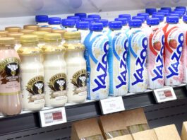 Soft drinks levy charges to change Bottles of milk-based drinks lined up in a chiller shelf.