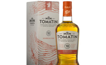 Tomatin unveils new 10 Year Old Single Malt bourbon matured whisky A bottle of Tomatin 10 Year Old Single Malt Bourbon Matured Whisky with its outer case next to it.