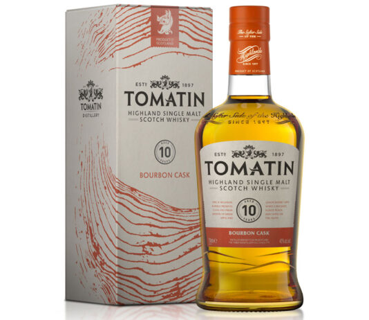 Tomatin unveils new 10 Year Old Single Malt bourbon matured whisky A bottle of Tomatin 10 Year Old Single Malt Bourbon Matured Whisky with its outer case next to it.