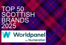 Top 50 Scottish take-home food and drinks brands (excluding alcohol) 2025 A tartan panel with the words "TOP 50 SCOTTISH BRANDS 2025" in it with the Worldpanel by Numerator logo beneath.
